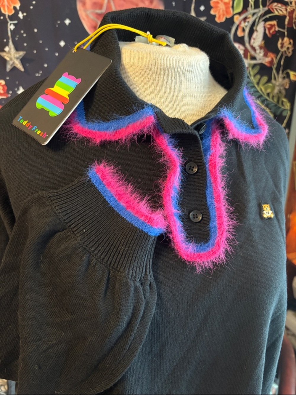 Teddy Fresh Black V-Neck Sweater with Pink & Blue Fuzzy Trim NWT Rare. - Picture 6 of 13